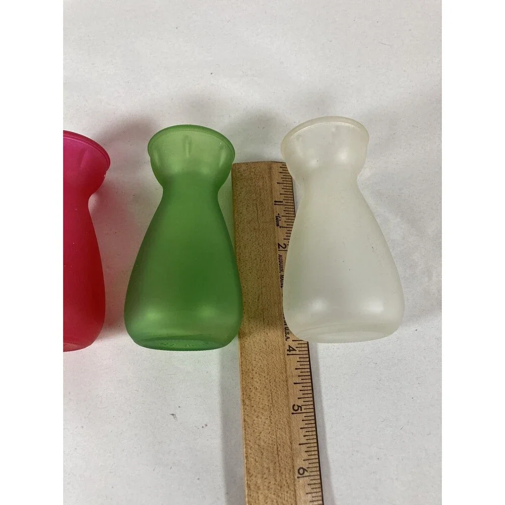 3 Bud Vases Red Pink, Frosted White Brilliant Green 4” Tall Cottagecore
